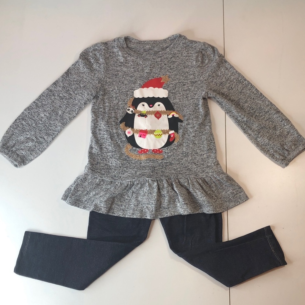 Sparkly Heather Gray Sweater Top with Penguin Graphic Print and Dark Leggings 4T